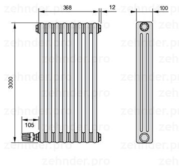Схема (чертеж) Радиатор Zehnder Charleston 3300/8 №V003 Белый глянцевый RAL 9016
